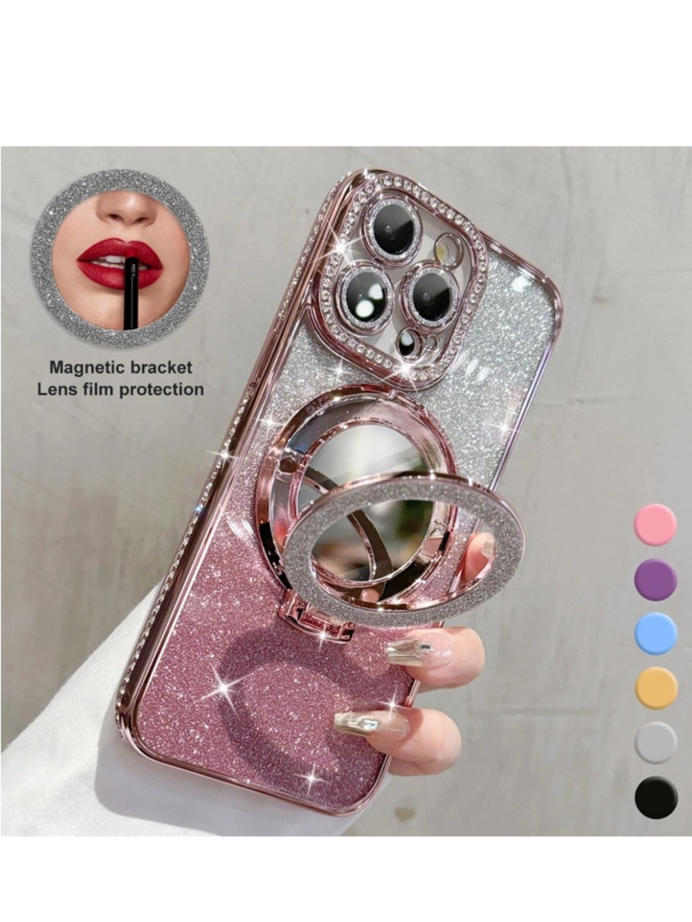Glitter Magnetic Ring Phone Case with Mirror - Rose Gold Pink